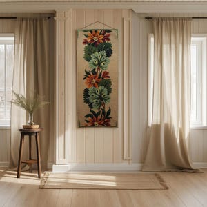 Embroidery panel with wool threads forming flowers and leaves, textured wall decor for home