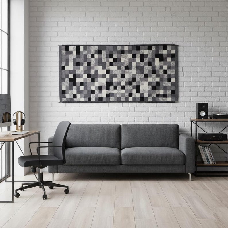Kunst Tapisserie Wolle: Graue Abstrakte Quadrate, 71 cm x 152 cm Bild 1