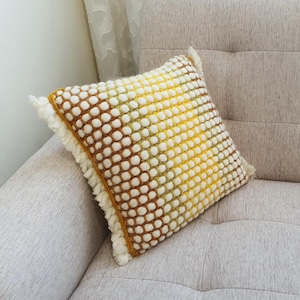 Handmade Crochet Wool Cushion Cover – Yellow Mustard & White – Merino Wool Textured Pillow – Removable Cover with Zipper – 16&quot;x16&quot;