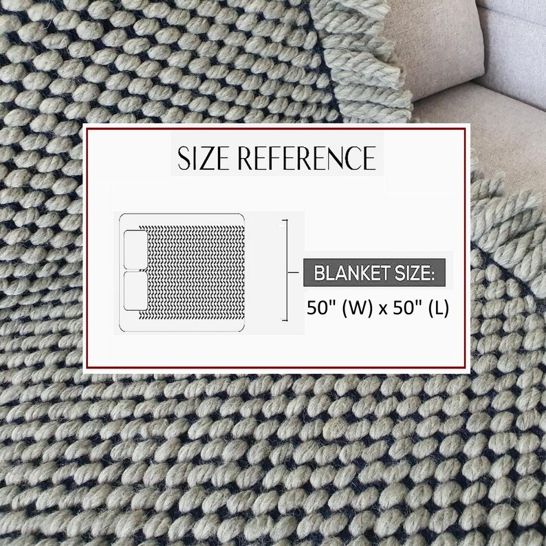 May include: A gray and navy blue woven blanket with a textured pattern and fringe detail. The blanket measures 50 inches wide by 50 inches long.