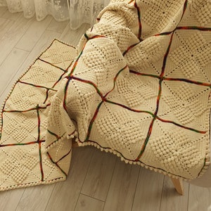 Crochet squares blanket Wool Beige throw blanket with Rainbow lines Sofa blanket Gift to old, 51x73 image 4