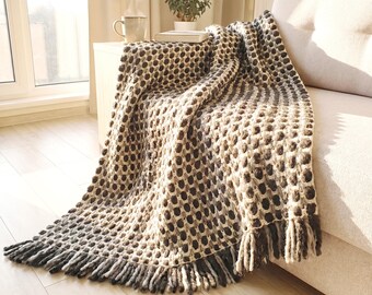 Black White Chunky Wool Blanket, Thick Knit Sofa Throw