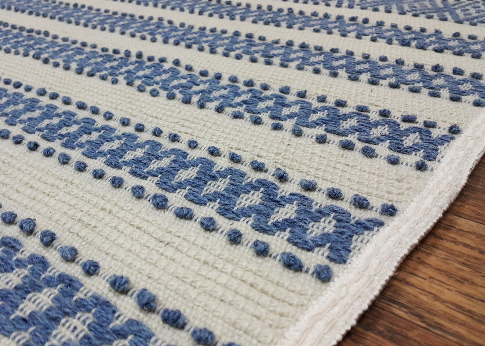 Wool rug blue White Bedside rug striped Woven Wool mat blue Etsy