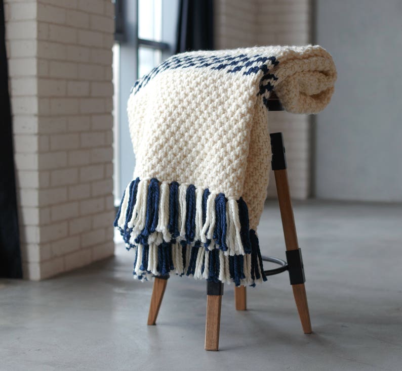 Knit throw blanket white Striped deep blue Wool blended sofa blanket image 9