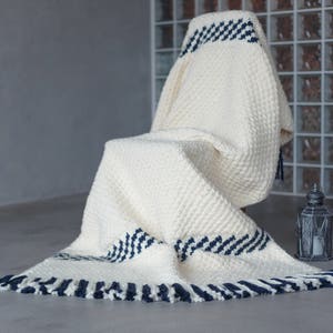 Knit throw blanket white Striped deep blue Wool blended sofa blanket image 4