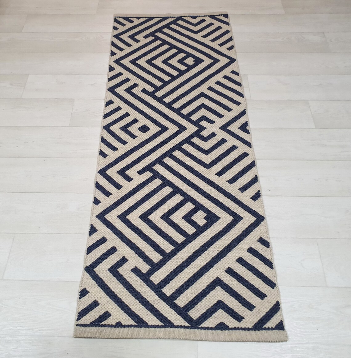 Wool rug Geometric Blue White Small Woven Bedside rug Wool mat Etsy