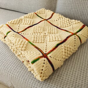 Crochet squares blanket Wool Beige throw blanket with Rainbow lines Sofa blanket Gift to old, 51x73 image 10
