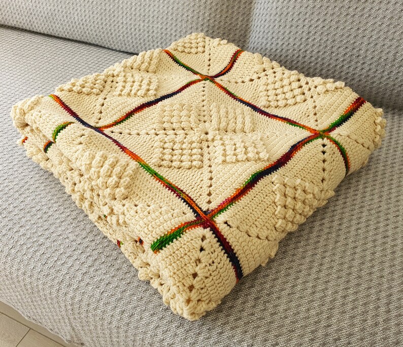 Crochet squares blanket Wool Beige throw blanket with Rainbow lines Sofa blanket Gift to old, 51x73 image 10