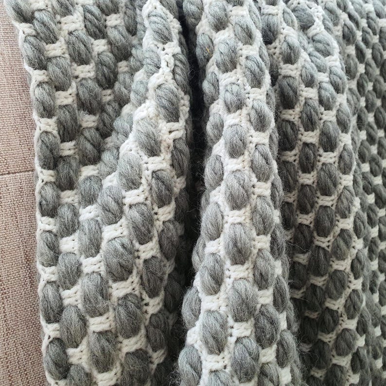 Detail of wool blanket edge showing handmade crochet work and dense yarn structure