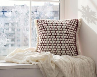Burgundy White Wool Crochet Pillow, Chunky Textured Cushion Cover Boho