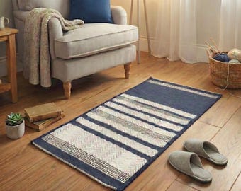 Blue White Striped Cotton Rug Soft Runner for Bedroom or Children's area