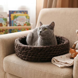 A gray short-haired cat resting inside a round dark brown chunky knit wool pet bed placed on a cream upholstered armchair in a warm cozy nursery room, with colorful children's books on a wooden shelf and a small fox toy in the background.