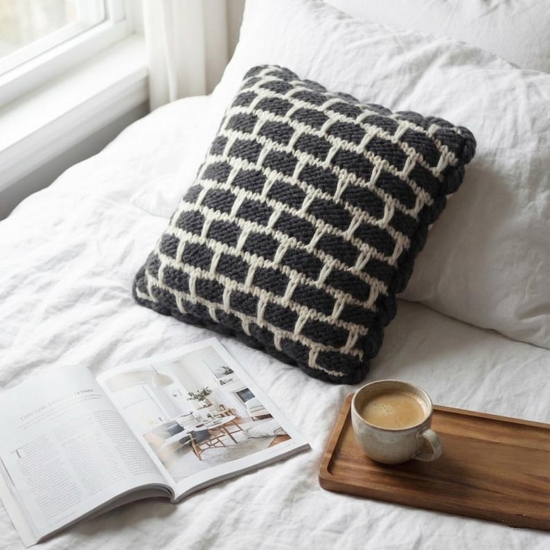 Cozy hygge bedroom decor idea with thick wool throw pillow. Scandi style knitted bedding accessory 16x16 inches