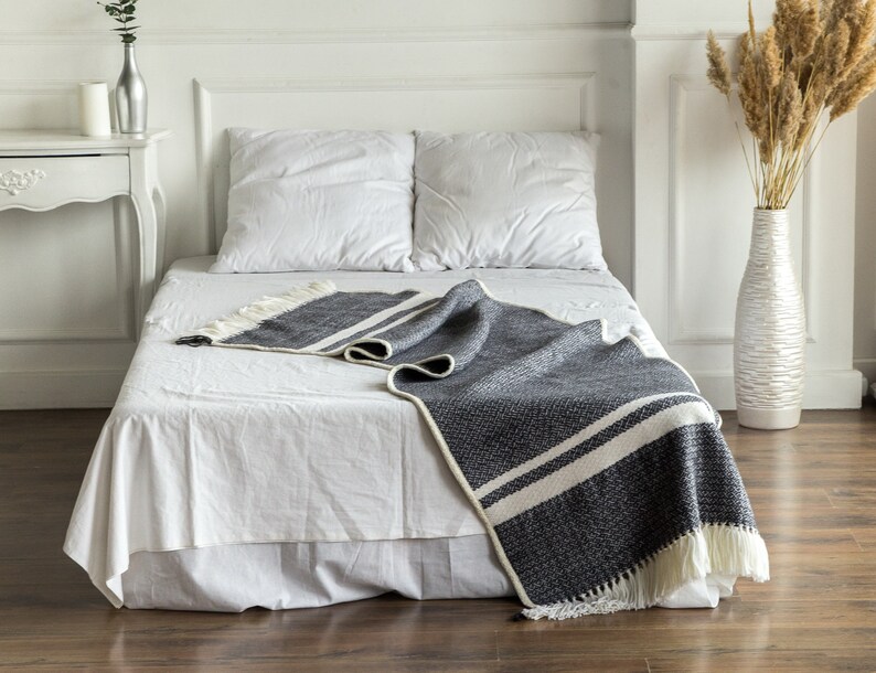 Handwoven Woven bed runner Sofa blanket Woven wool throw Black throw blanket Woven blanket gray Wool blanket Knitted throw 28x76