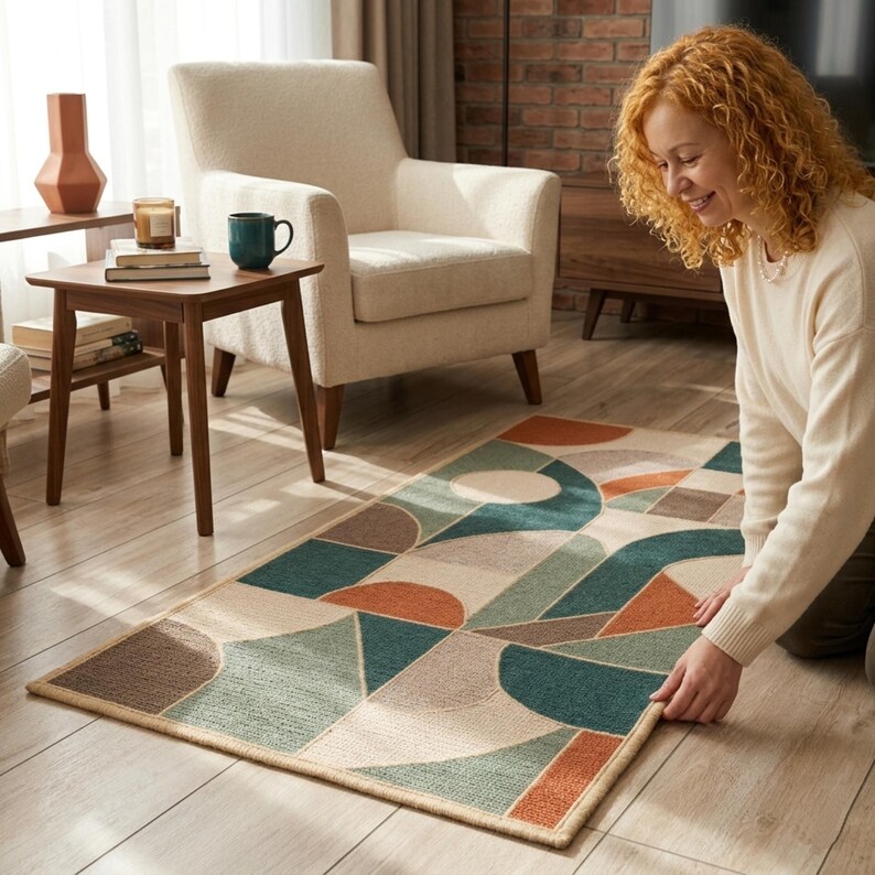 Woven area rug in a modern cozy living room setting.