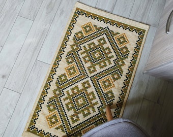 Woven small wool rug, Ukrainian ornament carpet, Green and mustard yellow,