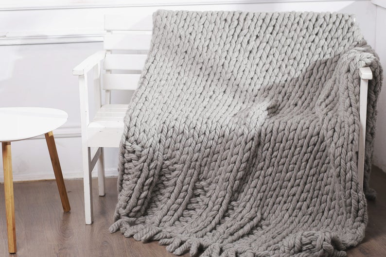 Chunky Knit wool blanket Gray from Australian wool yarn, Giant knit throw blanket, Bulky Wool blanket, Thick Knitted blanket, 47x70 image 1