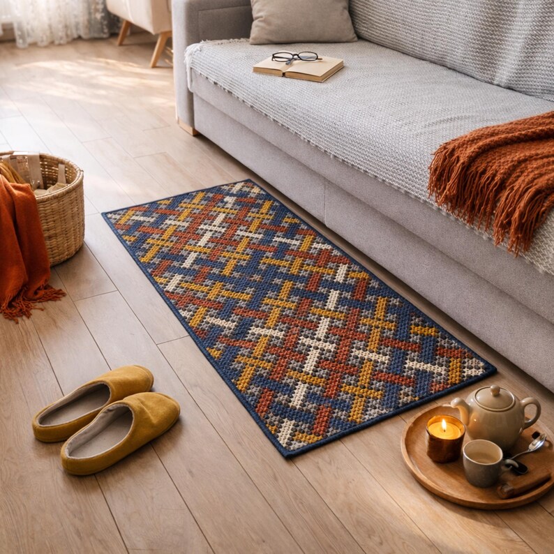 A blue, orange, and white geometric patterned rug with a woven texture. The rug is placed in front of a gray couch.