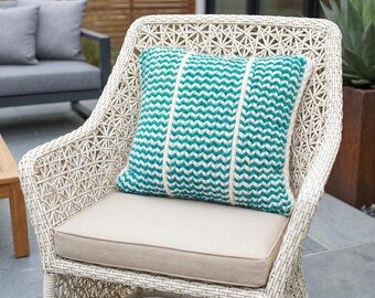 Turquoise White Knit Pillow, Chunky Herringbone Boho Cushion Bedroom