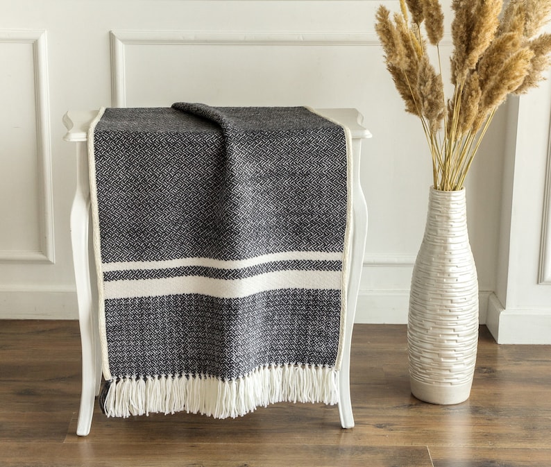 Handwoven Woven bed runner Sofa blanket Woven wool throw Black throw blanket Woven blanket gray Wool blanket Knitted throw 28x76