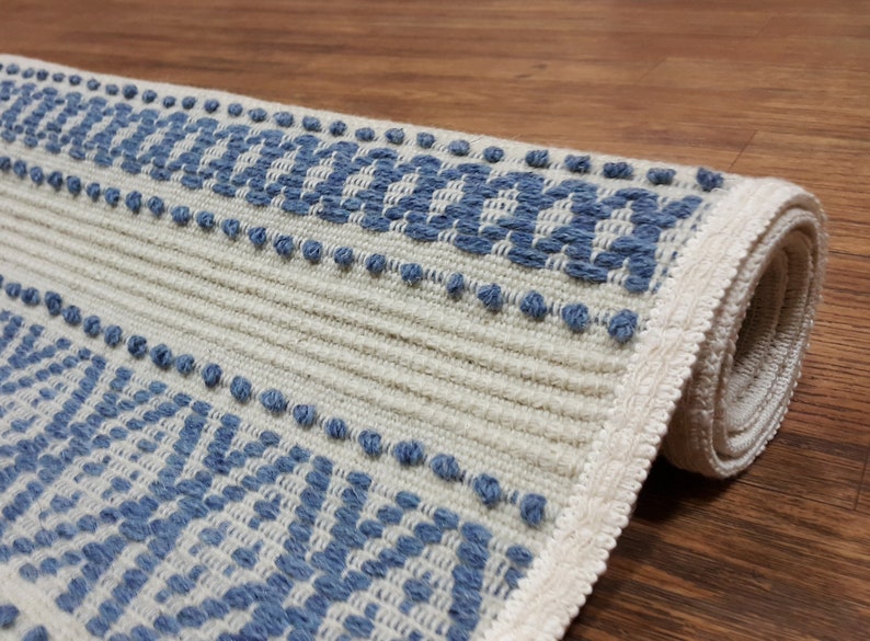 Wool rug blue White Bedside rug striped Woven Wool mat blue Etsy