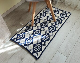 Blue White Crochet Wool Rug, Geometric Pattern mat