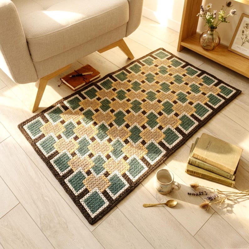 Handmade wool rug in Beige, Brown, Green and Teal tones placed beside an armchair, geometric pattern visible, soft natural light