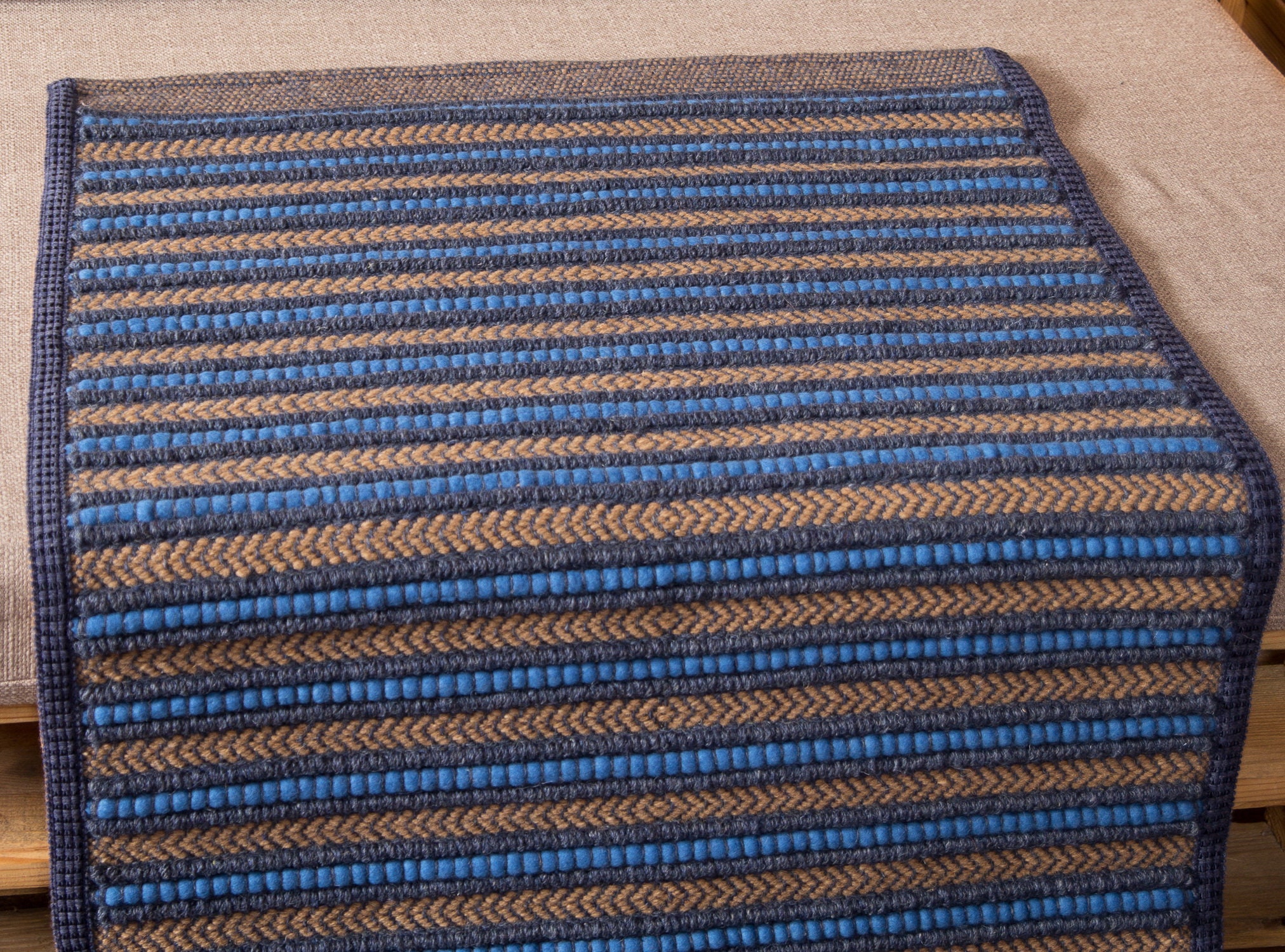 Bedside Wool Rug Blue Striped Woven Small Blue Mat Sheep Etsy