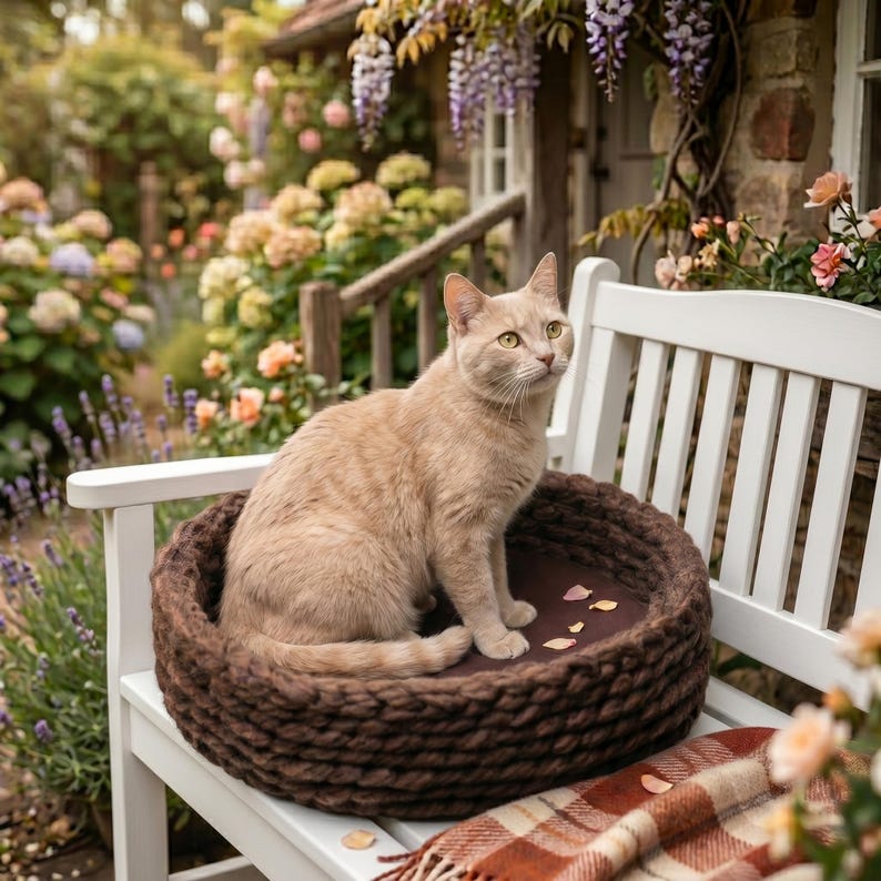 A cream-colored cat sitting inside a round dark brown chunky knit wool pet bed placed on a white garden bench, surrounded by a blooming cottage garden with roses, wisteria, lavender, and hydrangeas, with a plaid wool blanket draped nearby.