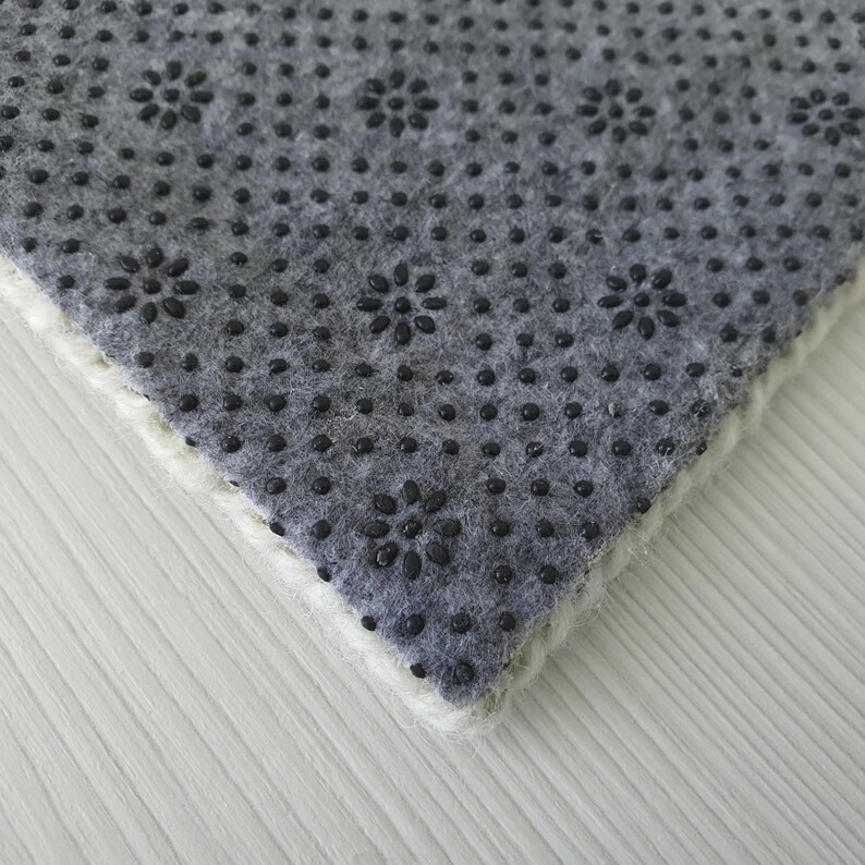 May include: Close-up of a gray rug with a non-slip backing. The rug has a gray surface with black, flower-shaped patterns and small black dots. The edge of the rug is white.