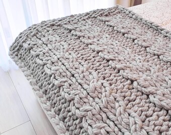 Gray Chunky Wool Knit Throw, Textured Lap Blanket for Sofa or Armchair
