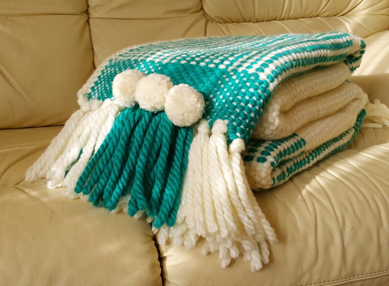 Woven throw Turquoise throw Chunky blanket white Wool Etsy