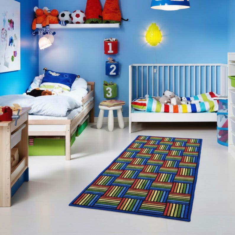 Soft textured wool rug in rainbow colors placed in a newborn’s room, creating a bright and cheerful atmosphere