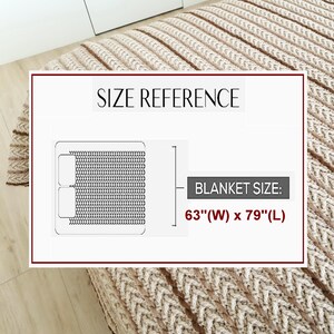 May include: A beige knitted blanket with a chevron pattern. The image includes a size reference graphic indicating the blanket dimensions are 63 inches wide and 79 inches long.