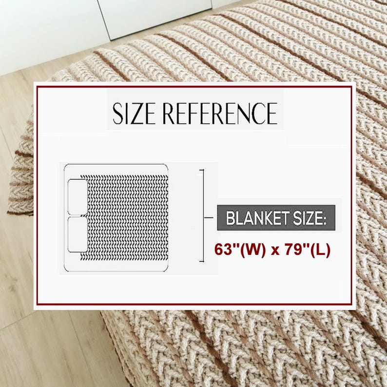 May include: A beige knitted blanket with a chevron pattern. The image includes a size reference graphic indicating the blanket dimensions are 63 inches wide and 79 inches long.