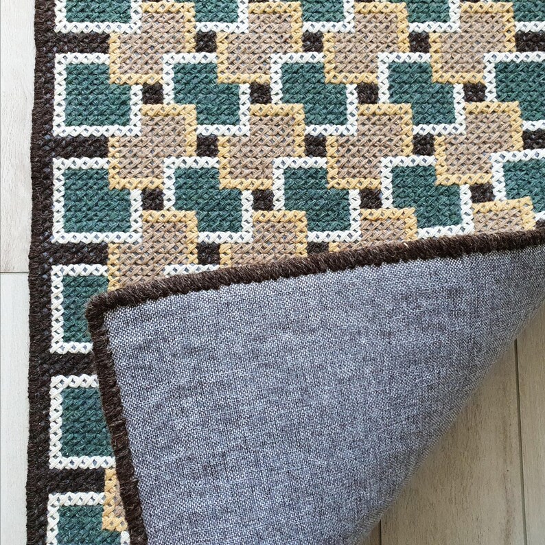 A brown and green geometric patterned rug with a gray backing. The rug is folded in half, showing the backing. Back side of handmade wool rug showing structure and craftsmanship, Beige, Brown, Green and Teal threads visible