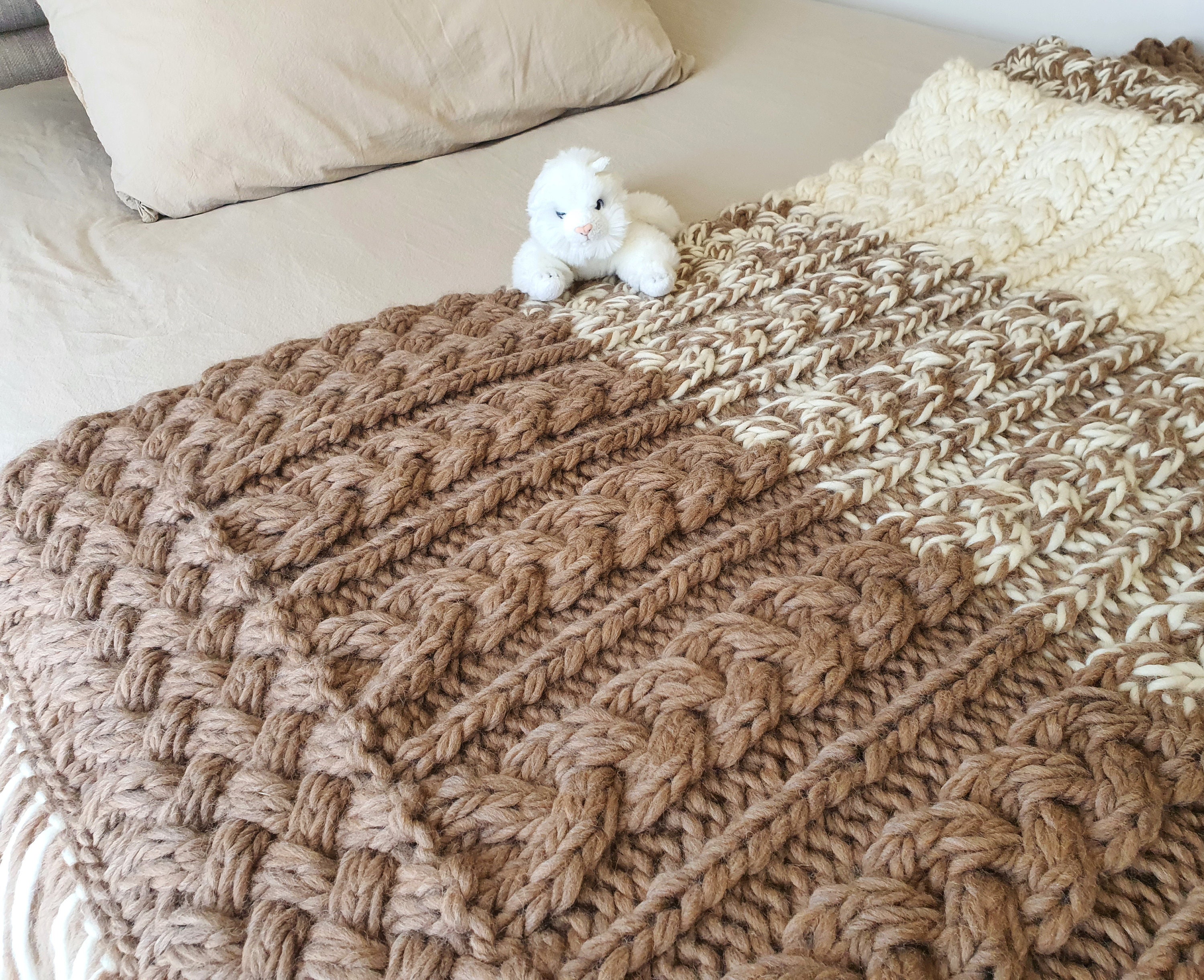 Merino Knit Blanket Melange Brown Beige Wool Throw Small Etsy