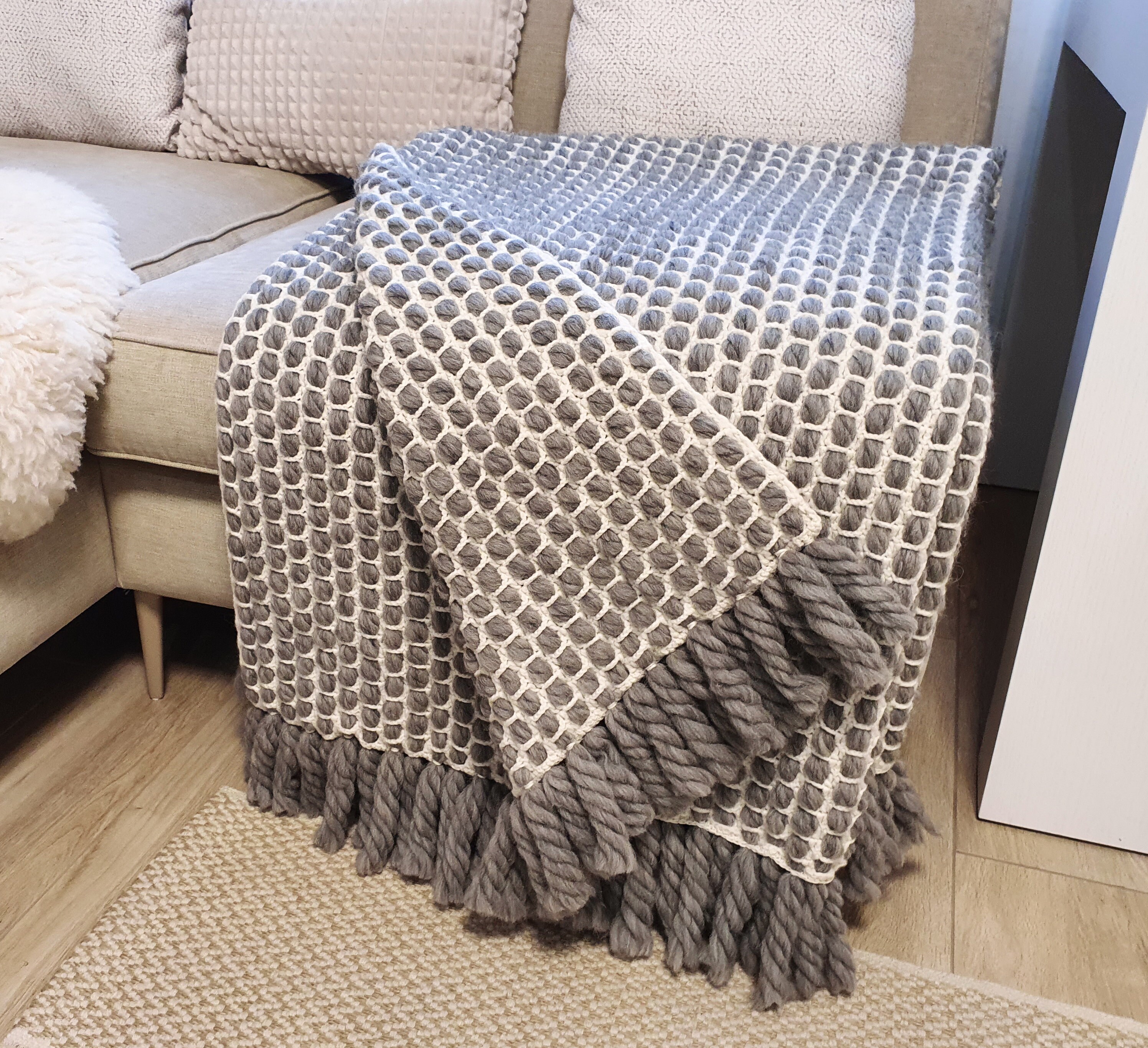 Chunky throw blanket Gray White Pure wool knit blanket Etsy