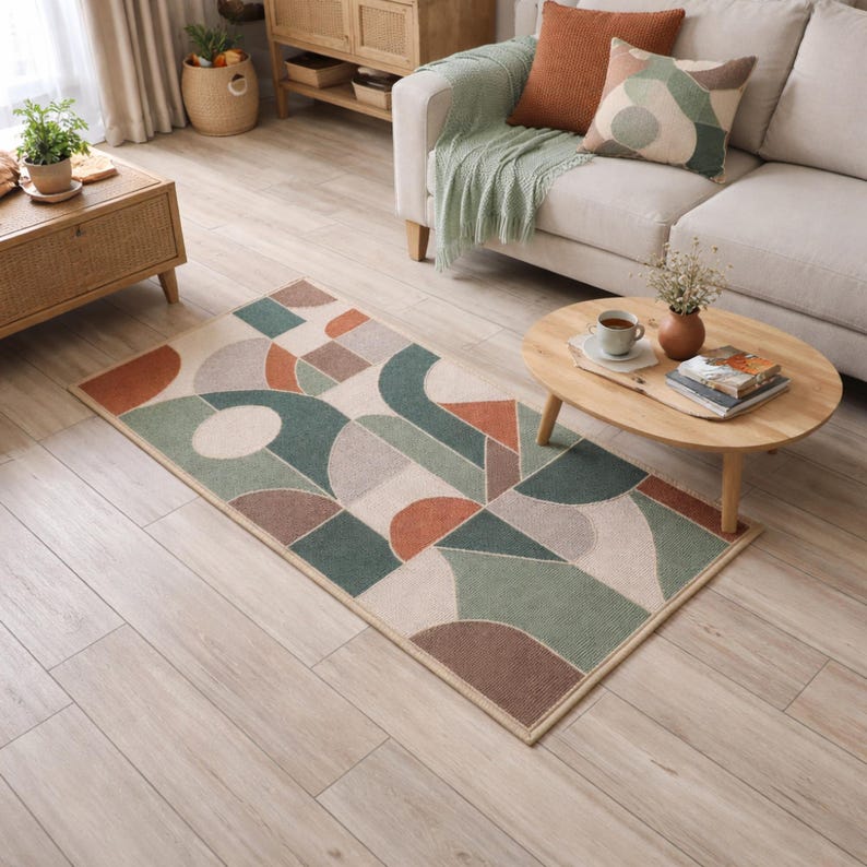 Woven area rug in a modern cozy living room setting.