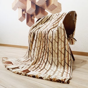 Wool blanket Crochet throw knit Brown Striped Merino Sofa blanket, 38&quot;x65&quot;