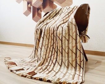 Wool blanket Crochet throw knit Brown Striped Merino Sofa blanket Gift to old, 38"x65"