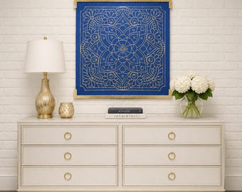 Blue Mandala Gold Wall Hanging, Embroidery Felt Wall Panel, Boho Art Home Decor Gift