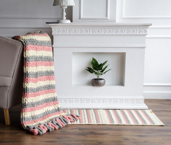 Wolle Decke Und Gewebte Teppich Rosa Grau Weiss Chunky Decke Etsy