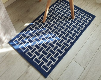 Woven Wool Rug, Dark blue Geometric Bedside Mat, Double-sided