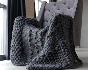 Black Chunky Knit Wool Blanket, Masculine Throw for Bed, Sofa