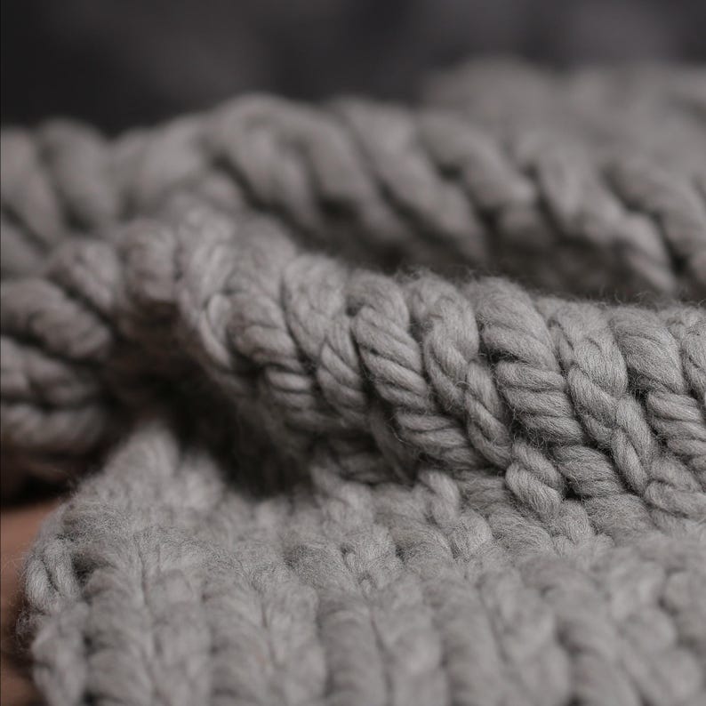 Close-up of a gray thick wool blanket with a textured, cable knit pattern.