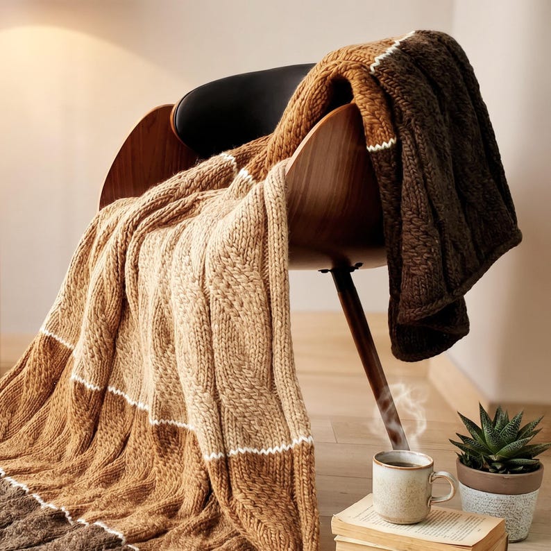 A brown and beige knitted throw blanket with white stripes draped over a wooden chair. The blanket has a cable knit pattern.