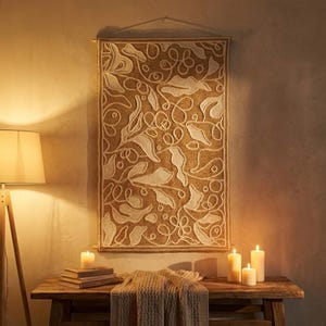 Neutral wall panel with textured wool embroidery and abstract leaf composition