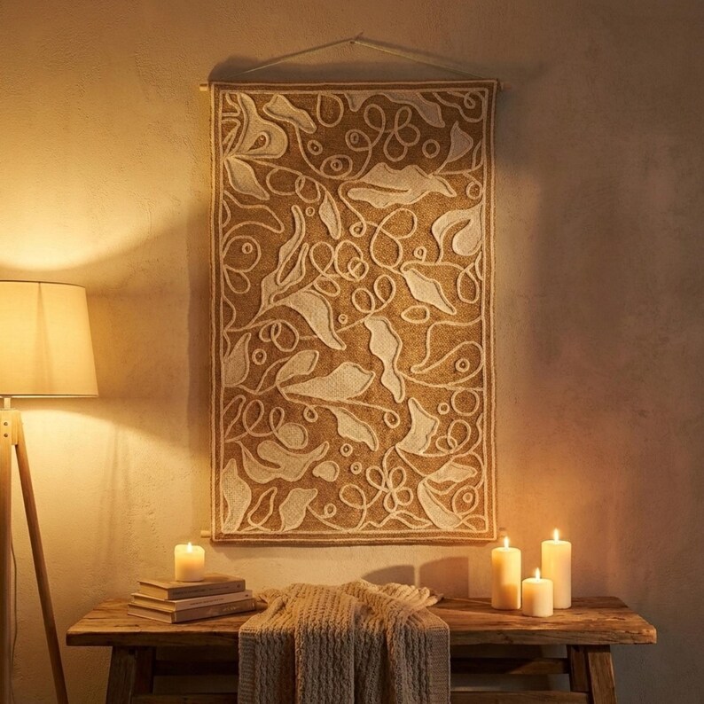 Neutral wall panel with textured wool embroidery and abstract leaf composition