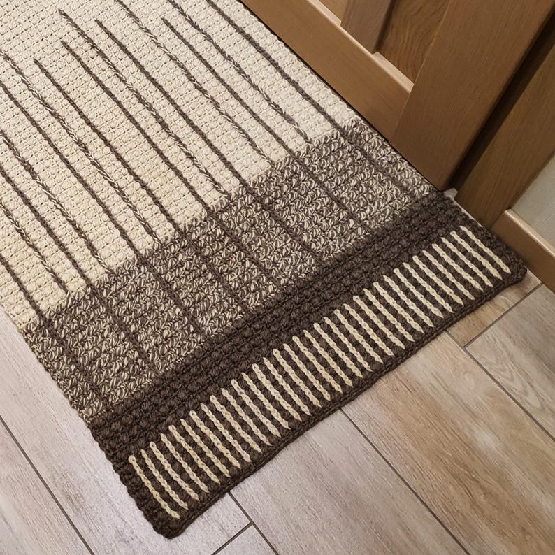 Brown Beige Striped Small Mat, Crochet Wool Bedside Pure Wool Rug image 6